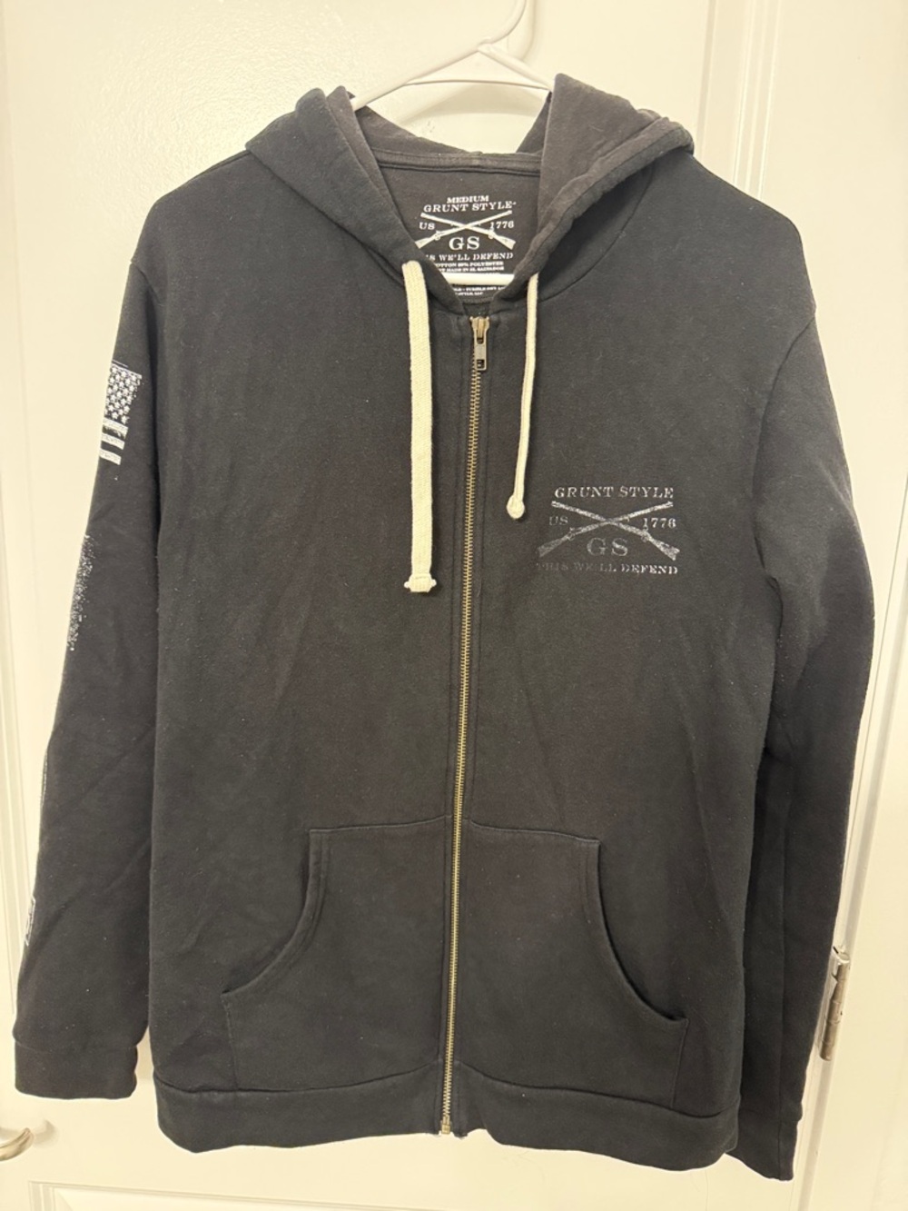 Grunt Style Black Zip-Up Hoodie with Patch Style Sleeves